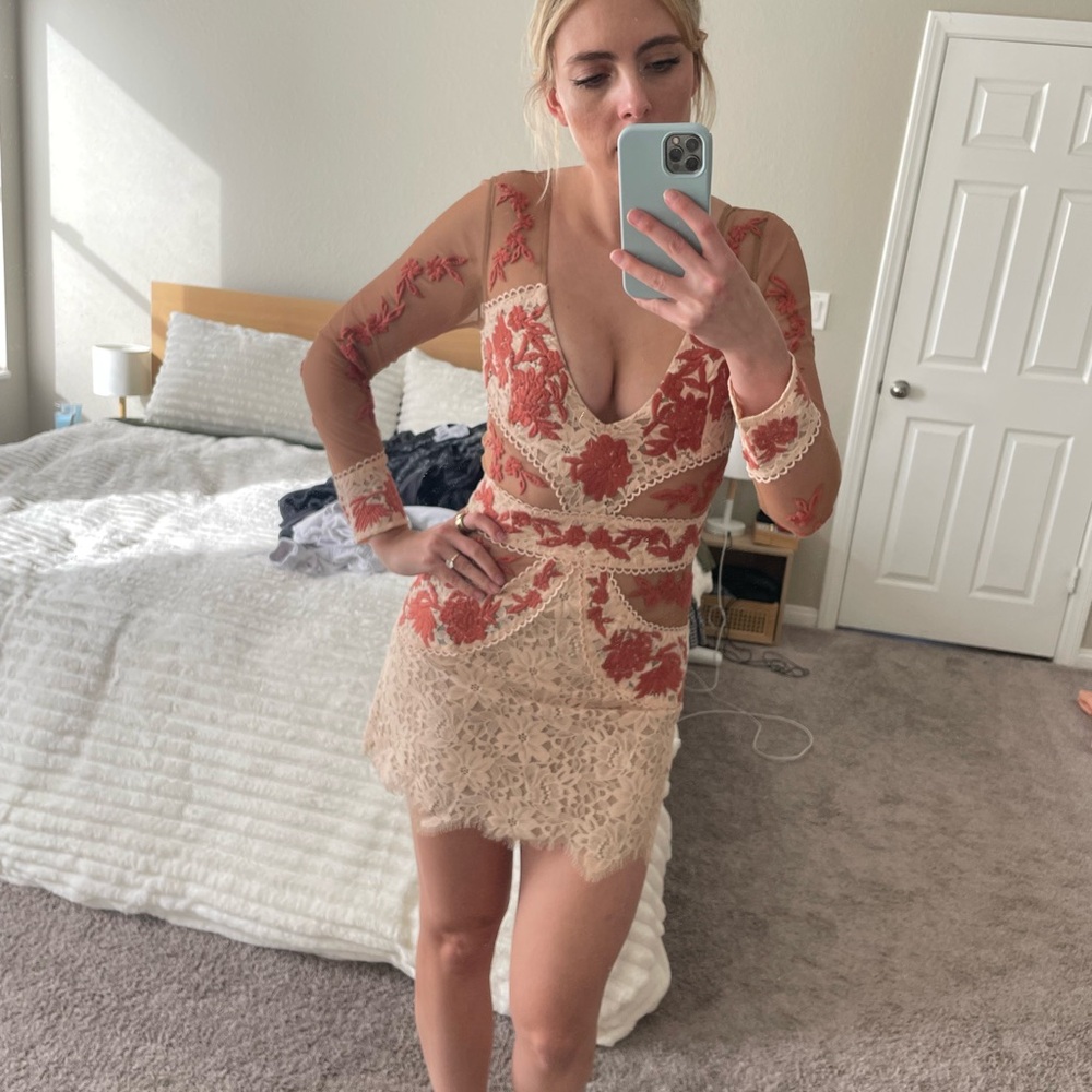 For Love And Lemons Floral Lace Dress in Red and Cream